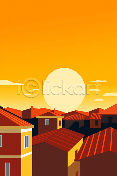 분위기 사람없음 JPG 일러스트 건물 노을 백그라운드 주택 주황색 태양 풍경(경치) 하늘