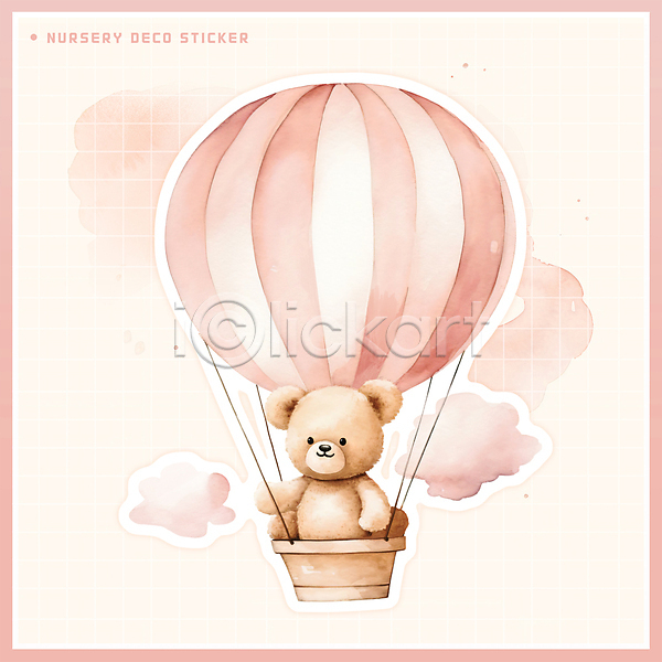 귀여움 사람없음 PSD 일러스트 곰 구름(자연) 동물캐릭터 분홍색 수채화(물감) 스티커 승차 열기구