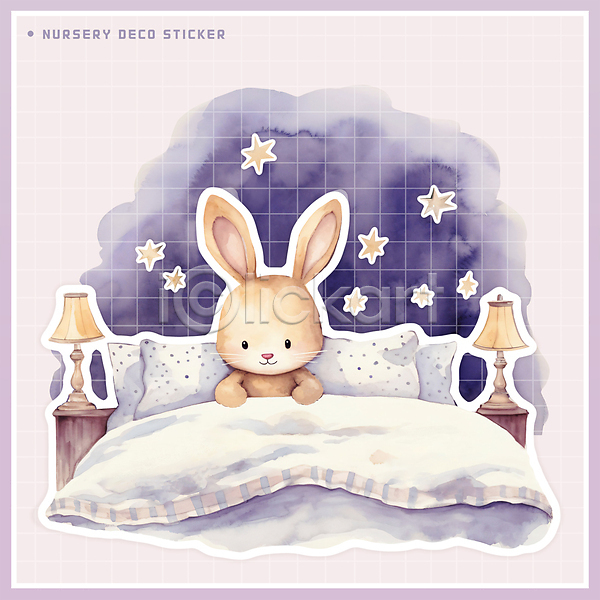 귀여움 사람없음 PSD 일러스트 동물캐릭터 베개 별 보라색 수채화(물감) 스티커 이불 조명 침대 토끼