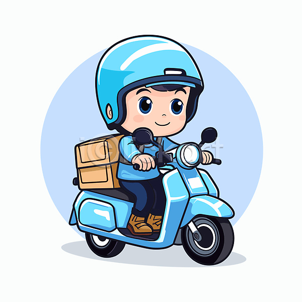 남자 성인 성인남자한명만 한명 AI(파일형식) 일러스트 배달원 배송 승차 오토바이 운전 전신 캐릭터 파란색 하늘색
