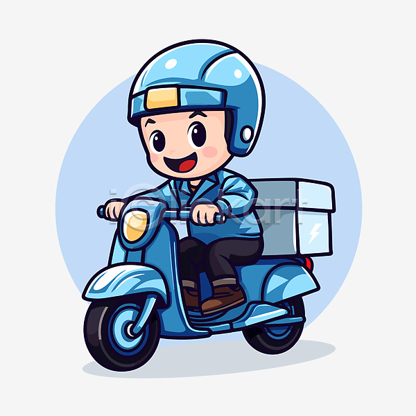 남자 성인 성인남자한명만 한명 AI(파일형식) 일러스트 배달원 배송 승차 오토바이 운전 전신 캐릭터 파란색 하늘색