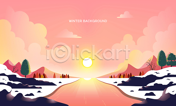 사람없음 AI(파일형식) 일러스트 강 겨울 구름(자연) 나무 눈덮임 바위(돌) 반사 분홍색 산 새해 일출 태양 풍경(경치)