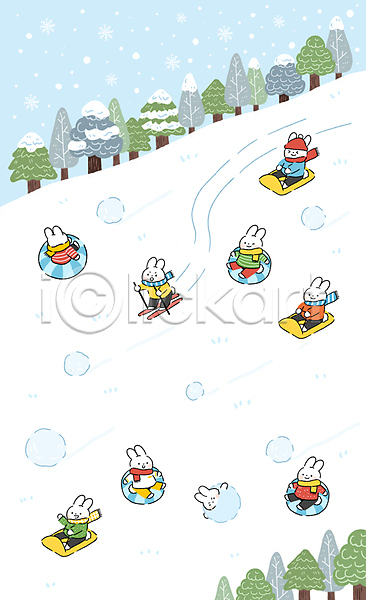 사람없음 PSD 일러스트 구르기 나무 눈(날씨) 눈꽃 눈덩이 설원 스키 스키타기 썰매 앉기 캐릭터 토끼캐릭터 흰색