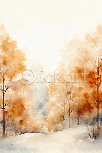 사람없음 JPG 일러스트 겨울 나무 백그라운드 번짐 붓터치 수채화(물감) 숲 주황색 추상 풍경(경치)