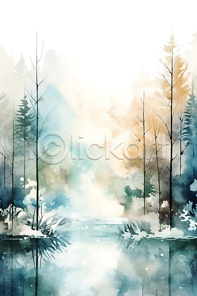 사람없음 JPG 일러스트 겨울 나무 반사 백그라운드 번짐 붓터치 수채화(물감) 숲 추상 풀(식물) 풍경(경치) 호수
