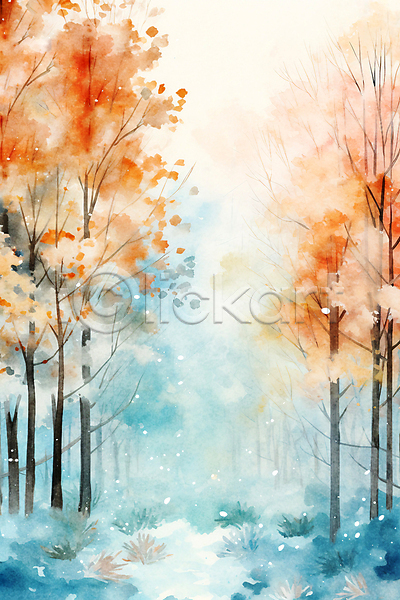 사람없음 JPG 일러스트 겨울 나무 눈(날씨) 백그라운드 번짐 붓터치 수채화(물감) 숲 추상 풀(식물) 풍경(경치)