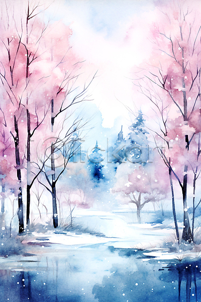 사람없음 JPG 일러스트 겨울 나무 눈(날씨) 반사 백그라운드 번짐 분홍색 붓터치 수채화(물감) 숲 추상 파란색 풀(식물) 풍경(경치) 호수