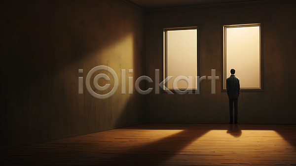 고독 남자 성인 성인남자한명만 한명 JPG 편집이미지 공간 방 빛 서기 실내 어둠 전신 창문 혼자