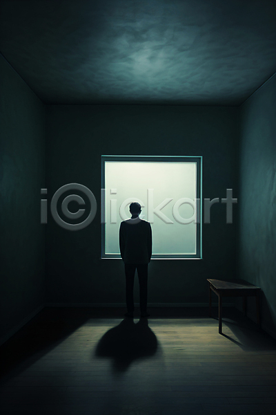 고독 남자 성인 성인남자한명만 한명 JPG 편집이미지 공간 방 빛 서기 실내 어둠 전신 창문 혼자