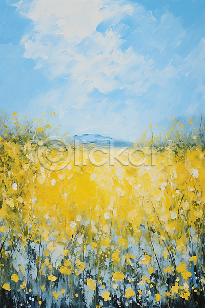 사람없음 JPG 일러스트 꽃밭 노란색 백그라운드 붓터치 유화 자연 질감 풍경(경치) 하늘
