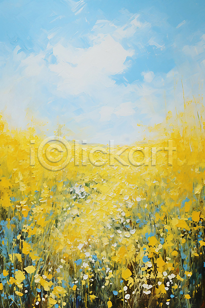 사람없음 JPG 일러스트 꽃밭 노란색 백그라운드 붓터치 유화 자연 질감 풍경(경치) 하늘