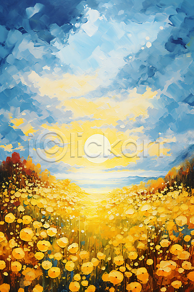 사람없음 JPG 일러스트 구름(자연) 꽃밭 노란색 백그라운드 붓터치 유화 일몰 자연 태양 하늘