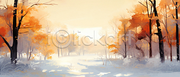 사람없음 JPG 일러스트 겨울 겨울배경 나무 눈길 눈덮임 숲 유화 자연 주황색 햇빛
