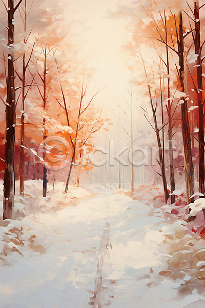 사람없음 JPG 일러스트 겨울 겨울배경 나무 눈길 눈덮임 숲 유화 자연 주황색 포스터 햇빛