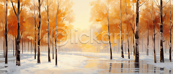 사람없음 JPG 일러스트 겨울 겨울배경 나무 눈길 눈덮임 숲 유화 자연 주황색 햇빛