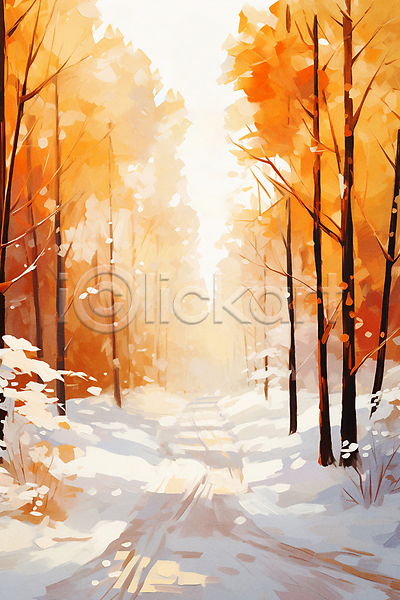 사람없음 JPG 일러스트 겨울 겨울배경 나무 눈길 눈덮임 숲 유화 자연 주황색 포스터 햇빛