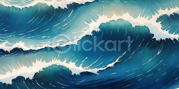 사람없음 JPG 일러스트 물결 바다 백그라운드 수채화(물감) 자연 파도 파란색