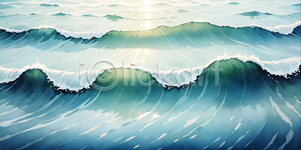 사람없음 JPG 일러스트 바다 백그라운드 수채화(물감) 윤슬 자연 청록색 파도