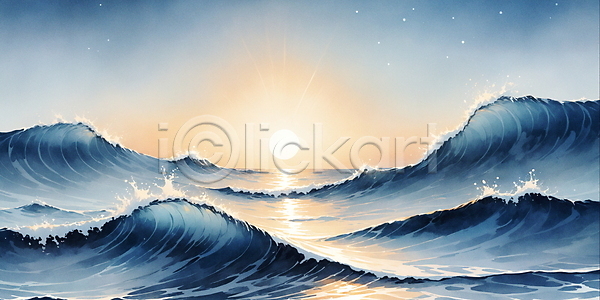 사람없음 JPG 일러스트 바다 백그라운드 수채화(물감) 윤슬 자연 파도 파란색 하늘 햇빛