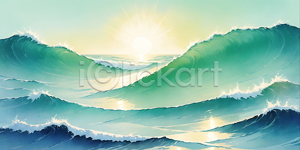 사람없음 JPG 일러스트 바다 백그라운드 수채화(물감) 윤슬 자연 청록색 파도 하늘 햇빛
