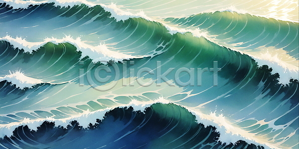 사람없음 JPG 일러스트 물결 바다 백그라운드 수채화(물감) 자연 청록색 파도