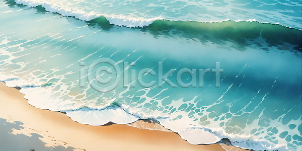 사람없음 JPG 일러스트 물결 바다 백그라운드 수채화(물감) 자연 청록색 파도 해변