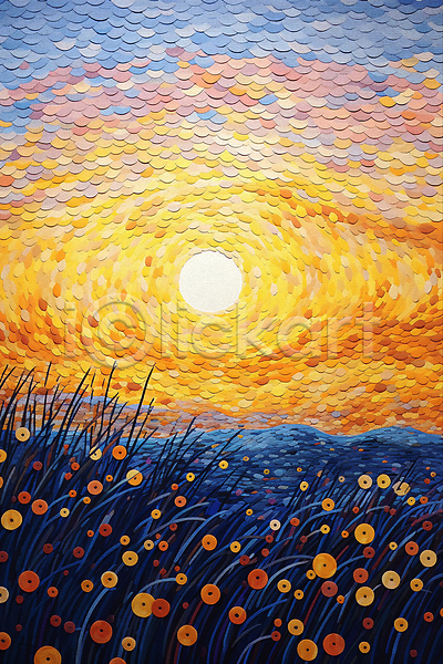 사람없음 JPG 일러스트 그림 꽃밭 백그라운드 일몰 자연 점묘화 초원(자연) 태양 포스터 풍경(경치) 하늘
