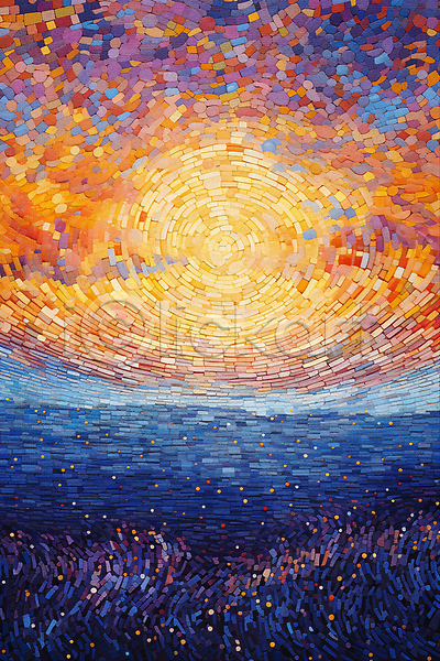 사람없음 JPG 일러스트 그림 바다 백그라운드 일몰 자연 점묘화 태양 포스터 풍경(경치) 하늘