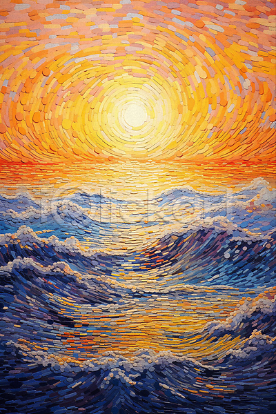 사람없음 JPG 일러스트 그림 백그라운드 윤슬 일몰 자연 점묘화 태양 파도 포스터 풍경(경치) 하늘