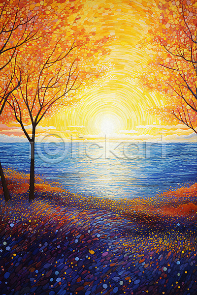사람없음 JPG 일러스트 그림 나무 바다 백그라운드 윤슬 일몰 자연 점묘화 초원(자연) 태양 포스터 풍경(경치) 하늘