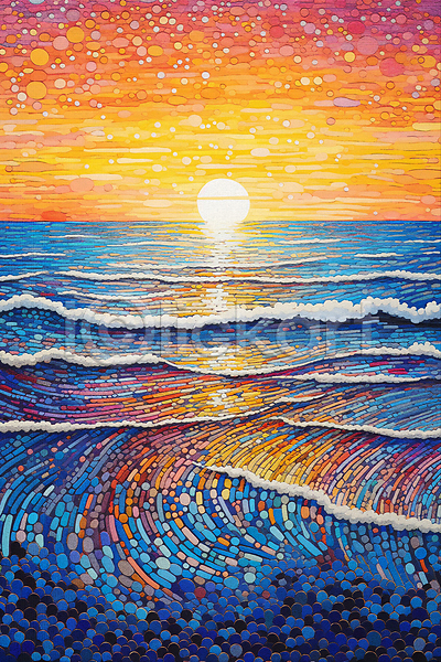 사람없음 JPG 일러스트 그림 백그라운드 윤슬 일몰 자연 점묘화 태양 파도 포스터 풍경(경치) 하늘