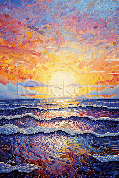 사람없음 JPG 일러스트 구름(자연) 그림 백그라운드 윤슬 일몰 자연 점묘화 태양 파도 포스터 풍경(경치) 하늘