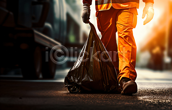 사람 성인 성인한명만 한명 JPG 편집이미지 거리 걷기 도심 들기 쓰레기봉투 일몰 청소 하반신 환경미화 환경미화원