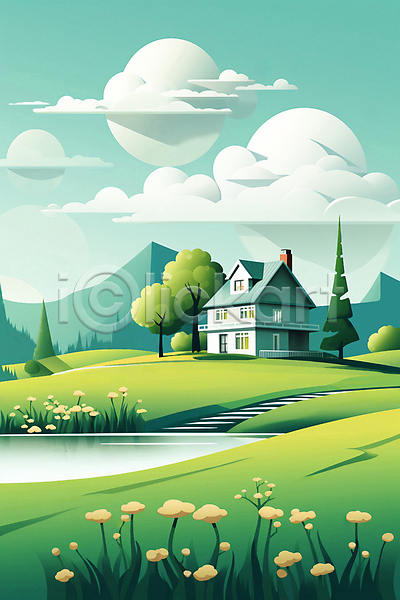 사람없음 JPG 일러스트 건물 구름(자연) 야외 자연 주택 초록색 초원(자연) 풍경(경치) 하늘