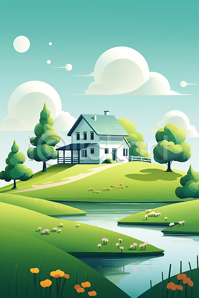 사람없음 JPG 일러스트 건물 구름(자연) 야외 자연 주택 초록색 초원(자연) 풍경(경치) 하늘 호수