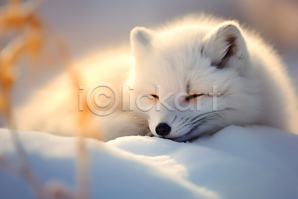 사람없음 JPG 편집이미지 겨울 눈(날씨) 눈감음 동물 백여우 북극여우 여우 잠 한마리 흰색