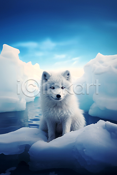 사람없음 JPG 편집이미지 겨울 눈(날씨) 동물 백여우 북극 북극여우 빙하 여우 파란색 하늘 한마리