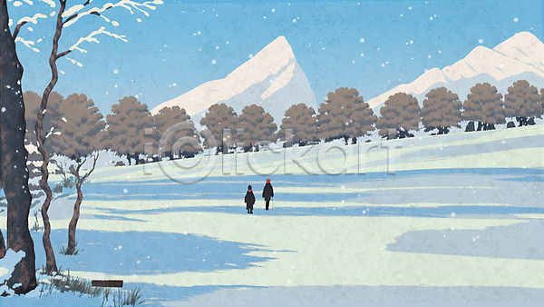 추위 두명 사람 PSD 일러스트 걷기 겨울 겨울풍경 나무 눈(날씨) 설경 설산 설원 전신 초원(자연) 풍경(경치) 하늘색