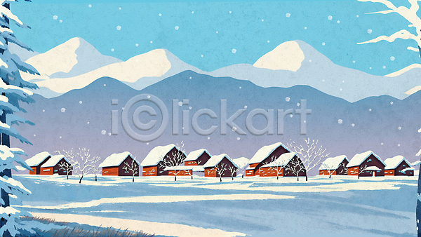 추위 사람없음 PSD 일러스트 겨울 나무 나무집 눈내림 마을 설경 설산 설원 주택 초원(자연) 풍경(경치) 하늘색