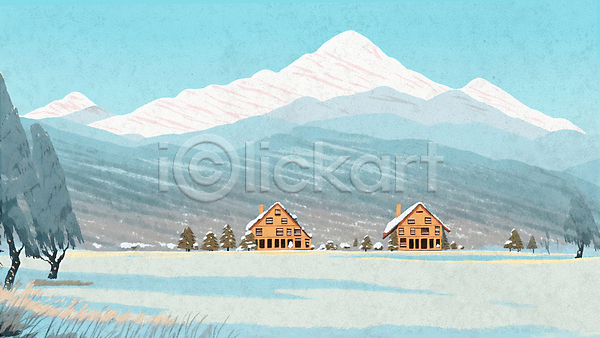 추위 사람없음 PSD 일러스트 겨울 나무 나무집 설경 설산 설원 주택 초원(자연) 풍경(경치) 하늘색