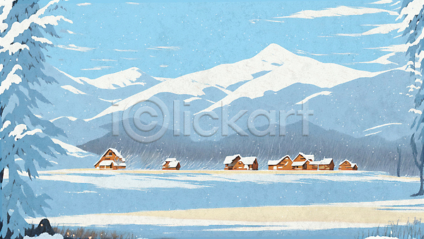 추위 사람없음 PSD 일러스트 겨울 나무 나무집 마을 설경 설산 설원 주택 초원(자연) 풍경(경치) 하늘색