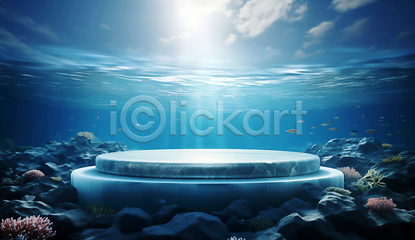 사람없음 JPG 디지털합성 편집이미지 물 바다 바닷속 백그라운드 수중 얼음 자연 파란색 편집소스 포디움 해초류 햇빛