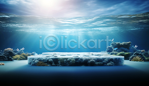 사람없음 JPG 디지털합성 편집이미지 물 바다 바닷속 백그라운드 수중 얼음 자연 파란색 편집소스 포디움 해초류 햇빛