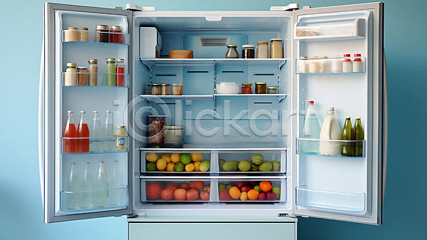신선 사람없음 JPG 디지털합성 편집이미지 가득함 냉장고 식재료 오픈 음식 전자제품 하늘색