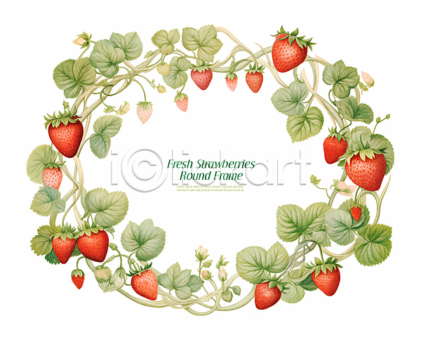 감성 빈티지 사람없음 PSD 일러스트 과일 딸기 식물 잎 프레임