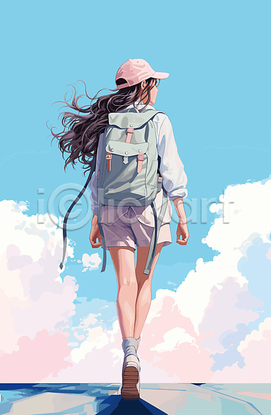 청춘(젊음) 성인 성인여자한명만 여자 한명 AI(파일형식) 일러스트 걷기 구름(자연) 그림 맑음 매기 백팩 전신 캡모자 하늘