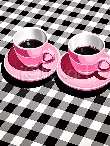 사람없음 JPG 일러스트 검은색 두잔 분홍색 블랙커피 아메리카노 체크(체크무늬) 커피 커피잔