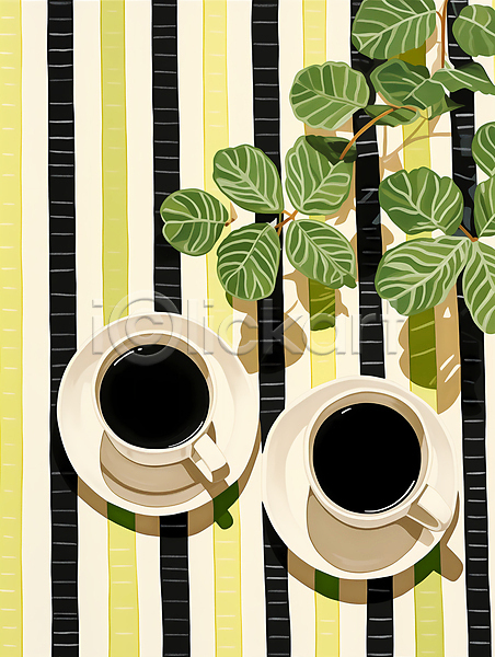 사람없음 JPG 일러스트 노란색 두잔 블랙커피 식물 아메리카노 잎 줄무늬 커피 커피잔