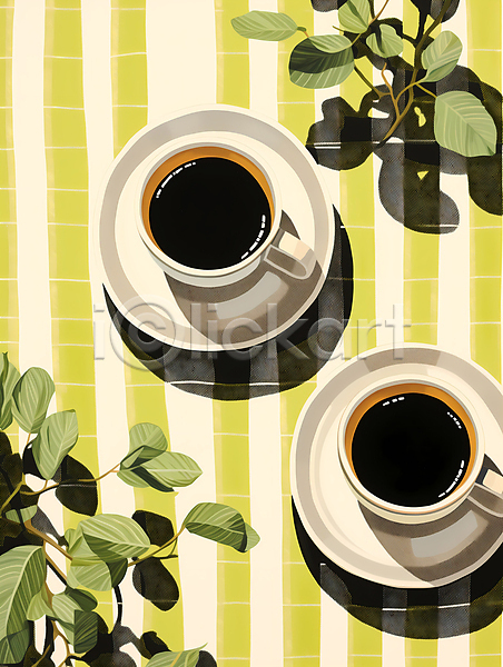 사람없음 JPG 일러스트 두잔 블랙커피 식물 아메리카노 연두색 잎 줄무늬 커피 커피잔