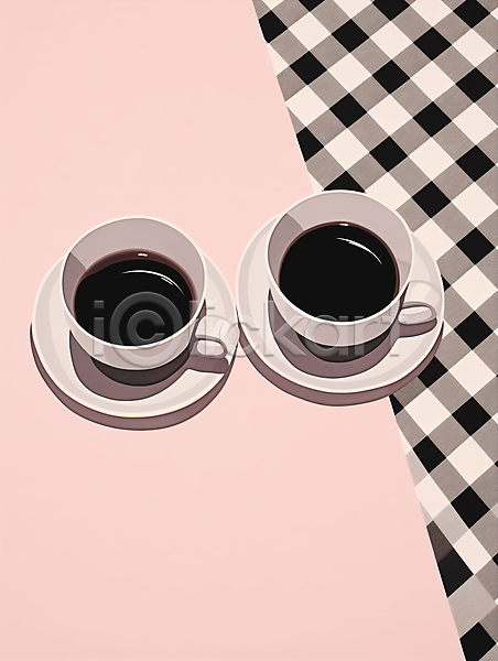 사람없음 JPG 일러스트 두잔 분홍색 블랙커피 아메리카노 체크(체크무늬) 커피 커피잔